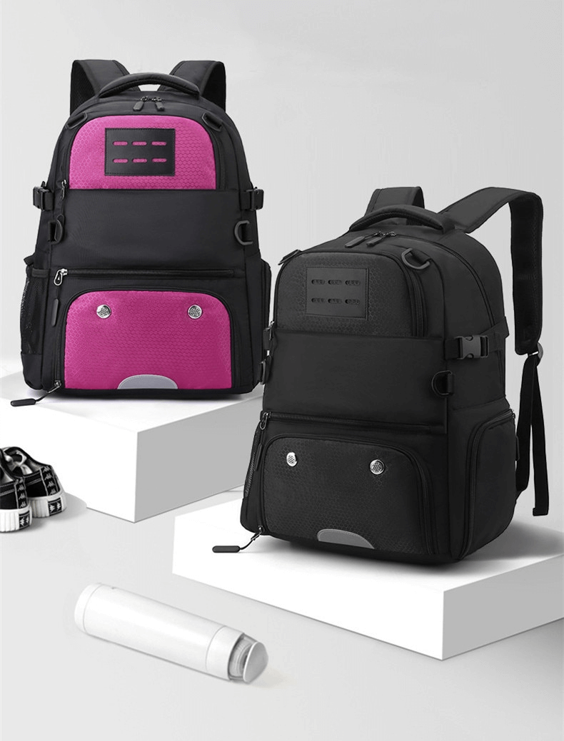 Two unisex sports backpacks with shoe compartment and detachable net pocket, featured in black and pink, ideal for various activities.
